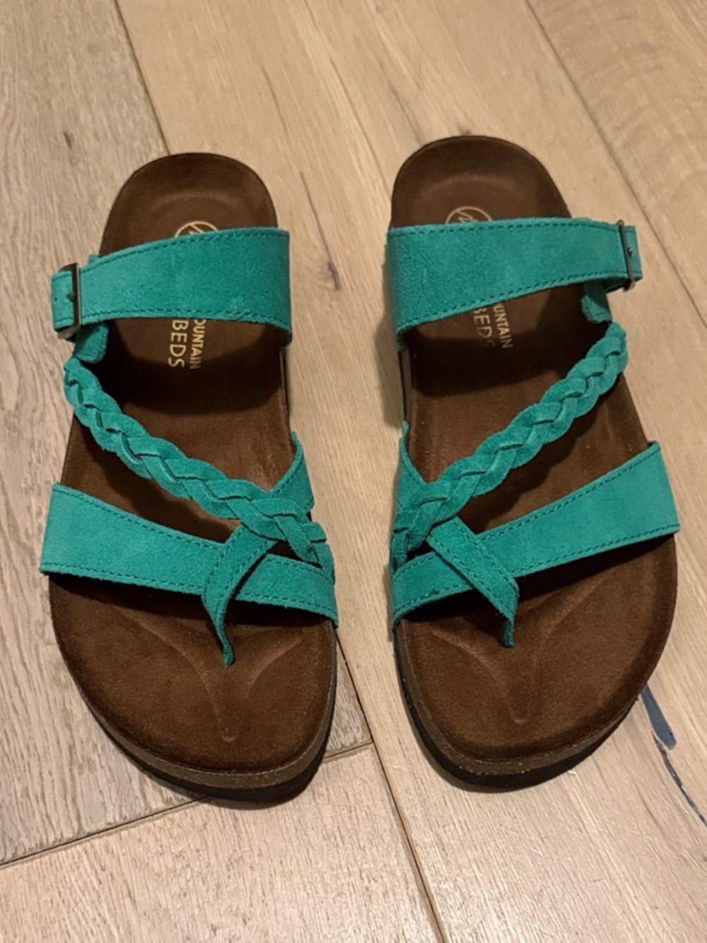 White Mountain Hazy Green Leather Braided Footbed Sandals
